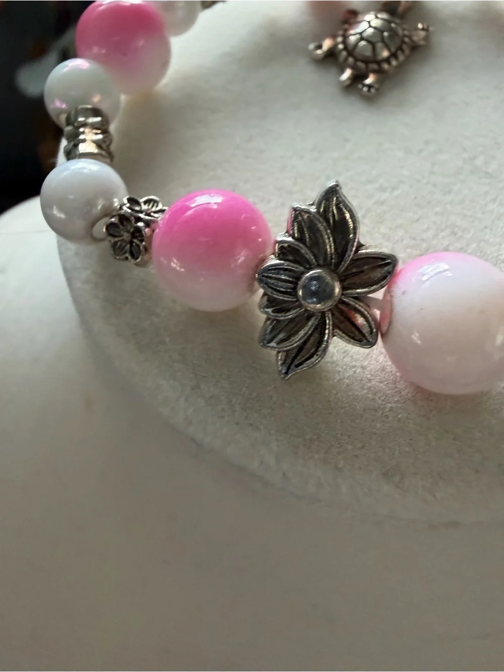 Handmade Pink & White Beaded Turtle Charm Bracelet